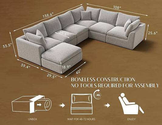 Oversized Cloud Couches for Living Room, Boneless Sectional Couch with Ottoman, 7 Seater Large Modular Sectional Sofa, Light Grey