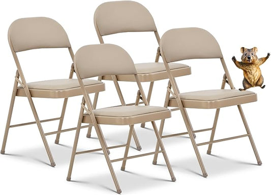 Oline Vinyl Folding Chairs, Padded Vinyl Cushion Chairs with Durable Metal Frame, Indoor Outdoor Stackable Foldable Guest Chairs for Office Wedding Kitchen Dining, 300lb Capacity (Khaki, 4 Pack)