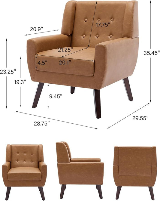 Accent Chair, Mid-Century Modern PU Leather Chairs with Arms for Living Room, Comfy Upholstered Club Single Sofa Armchair for Bedroom Waiting Room with Solid Wood Frame（Leather Brown, Set of 1)
