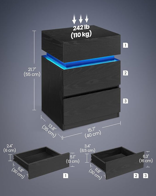 VASAGLE Nightstand with LED Lights, Adjustable Light Colors, Bedside Table, Side Table with 3 Drawers, Modern Style, 13.8 x 15.7 x 21.7 Inches, Ebony Black LET630T58
