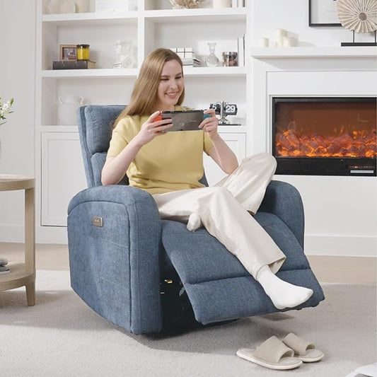 Watson & Whitely Swivel Power Recliner Glider Rocker, Small Recliner with Charging Port for Living Room, Fabric in Blue