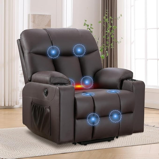 ANJ Brown Power Lift Recliner Chair for Elderly with Heat & Massage, Faux Leather Electric Recliner Sofa with Cup Holders, USB Port & Side Pockets, Heavy Duty Reclining Chair for Seniors