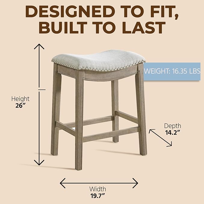 ROME + OAK Set of 4 Parker 26" Counter Stool, Backless Saddle Kitchen Barstool in Reclaimed Oak Finish with Ash Grey Fabric Upholstery Cushion Seat