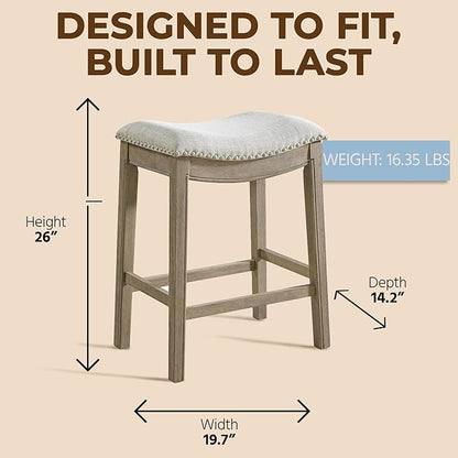 ROME + OAK Set of 2 Parker 26" Counter Stool, Backless Saddle Kitchen Barstool in Reclaimed Oak Finish with Ash Grey Fabric Upholstery Cushion Seat