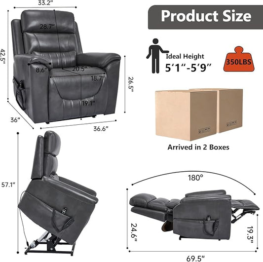 PELUMY Power Lift Recliner Chair for Elderly with Massage and Heat, Dual Motor Heavy Duty 350lbs Recliner, 8-Point Vibration & Lumbar Heating, Electric Lift Chair (Breathable Leather, Dark Grey)