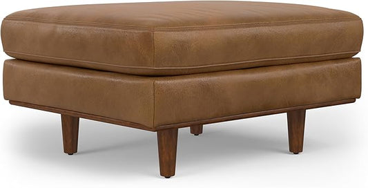 SIMPLIHOME Morrison 33 inch Wide Ottoman in Caramel Brown Genuine Leather, Multifunctional Footrest, Coffee Table, and Extra Seating for Living Room, Mid-Century Modern Style