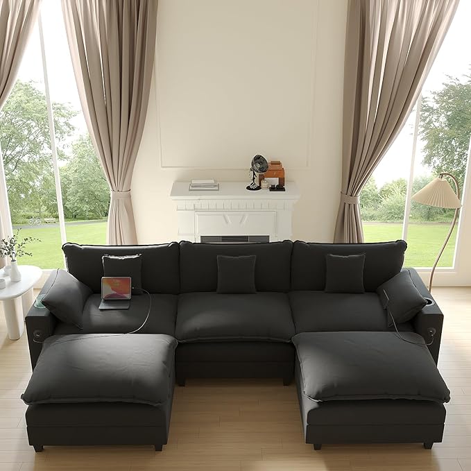Cloud Couch, Modular Sectional Sofa with Ottoman, Charging Station, Throw Pillows, Cup Holders, Modern Convertible L Shaped Couches for Living Room, Bedroom (Classic Black, 116"- U Shape)