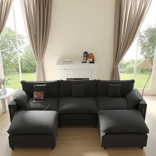 Cloud Couch, Modular Sectional Sofa with Ottoman, Charging Station, Throw Pillows, Cup Holders, Modern Convertible L Shaped Couches for Living Room, Bedroom (Classic Black, 116"- U Shape)