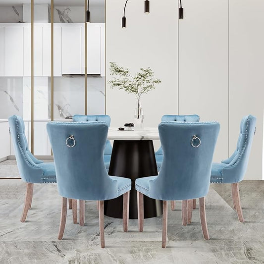 Velvet Upholstered Dining Chairs Set of 6, Modern Style Kitchen Side Chairs with Nailhead Trim and Wood Legs,Metal Pulling Ring for Dining Room Living Room(Sky Blue,Set of 6)