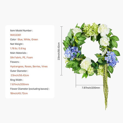 VEVOR Spring Wreath for Front Door 24 Inch - Artificial Hydrangea Wreath with Peonies, Year-Round All Season Outdoor Indoor Decor (Blue White Green Summer Floral)