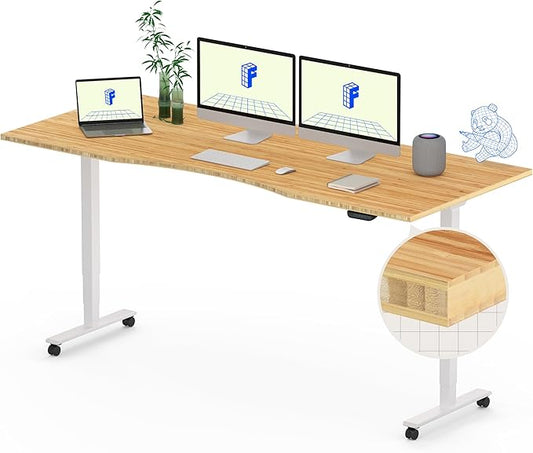FLEXISPOT E6 MAX Bamboo 72x30 Inch Dual Motor 3-Stage Heavy Duty Standing Desk, 330lbs Weight Capacity, Height Adjustable Desk w/Cable Management & Wheels (Solid Bamboo Curved Desktop + White Frame)