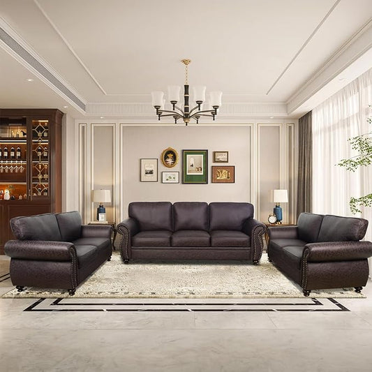Living Room Furniture Sets,Sofa Sets and Couch Sets for Living Room,Mid-Century Vintage Sofa Couches with Rivet Design (Brown, 2 Loveseat+3 Seater)
