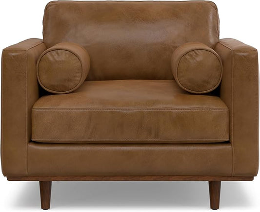SIMPLIHOME Morrison Accent Chair - 43 inch Wide Upholstered Top Grain Genuine Leather Mid-Century Modern Arm Chair with Solid Wood Frame in Caramel Brown, for Living Room with 2 Bolster Pillows