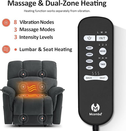 MCombo Large-Wide Dual Motor Power Lift Recliner Chair, Massage and Dual Heating for Elderly People, Infinite Position, Fabric R7166 (Dark Grey)