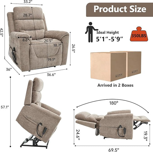 PELUMY Power Lift Recliner Chair for Elderly with Massage and Heat, Dual Motor Heavy Duty 350lbs Recliner, 8-Point Vibration & Lumbar Heating, Electric Lift Chair (Chenille, Khaki)