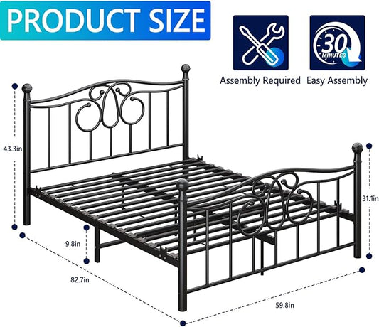Metal Queen Single Bed Frame with Scroll Design, 82.7" in Steel Bed Frame with Protective Foot Pads, Strong Bearing Capacity Queen Size Bed, Easy Assembly, Underbed Storage Space（43.3 inch）