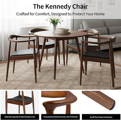 Tomile Upholstered Dining Chair Kennedy Armchair, Mid Century Modern Kitchen & Dining Chairs with PU Leather Cushion Seat, Hans Wegner Elbow Chair for Living Room Bedroom Office (Walnut Color)