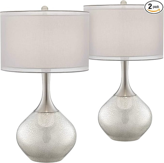 Possini Euro Design Swift Mid Century Modern Table Lamps 30.5" Tall Set of 2 Mercury Glass Chrome Double Sheer Drum Shade Decor Living Room Bedroom House Bedside Nightstand Home Office Entryway