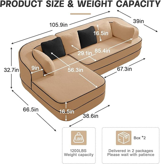 Cloud Sectional Sofa Modern Boneless Couch for Living Room, Comfy Deep Seat Comfy Teddy Fabric Double Sofa Chaise No Assembly Required (Camel, 106" L Shape with Left Facing)