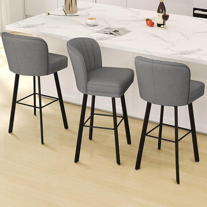 Swivel Counter Height Bar Stools Set of 3, 30'' Modern Barstools with Backs and Metal Legs, Upholstered Bar Chairs,Mid-Gray,Fabric Stools for Kitchen Island Chairs