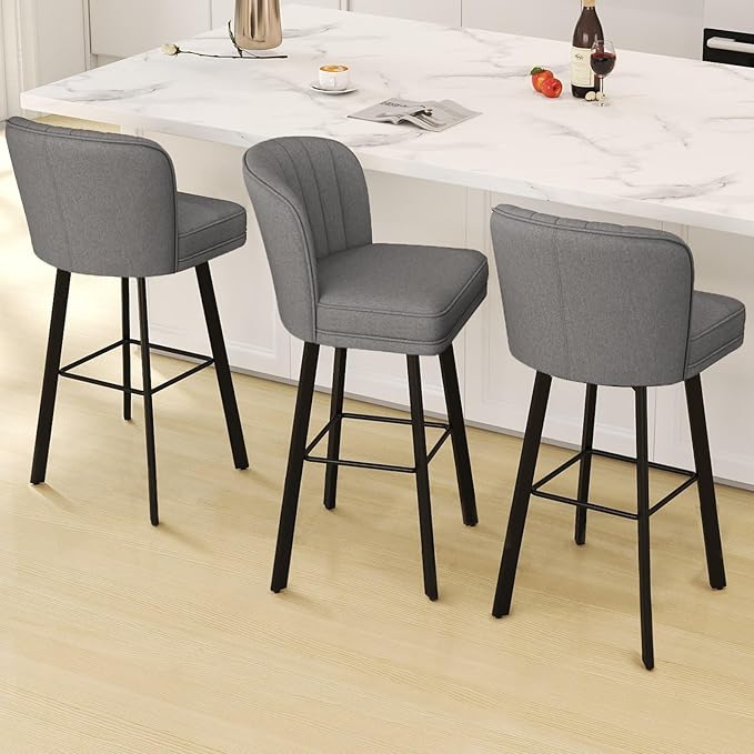 Swivel Counter Height Bar Stools Set of 4, 30'' Modern Barstools with Backs and Metal Legs, Upholstered Bar Chairs,Mid-Gray,Fabric Stools for Kitchen Island Chairs