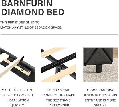BarnFurin Queen Bed Frame with Headboard, Faux Leather Upholstered Bed with Button Tufted Headboard, Modern Platform Bed Frame with Diamond Design, No Box Spring Required, Easy Assembly, Black