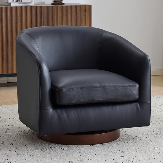 AEDI Genuine Leather Swivel Accent Chair with Solid Wood Base, Upholstered Barrel Armchair for Living Room, Modern Small Club Chair,Dark Blue