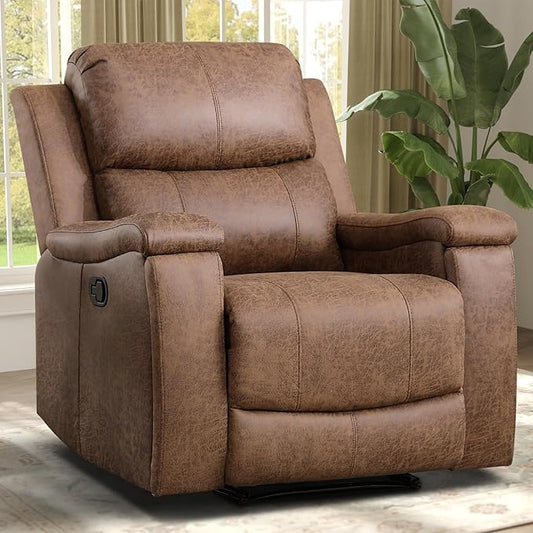 Leather Recliner Chair, Manual Recliner Chair for Adults with Overstuffed Arms and Back, Single Sofa Recliner with Cup Holders for Living Room (1, Nut Brown)