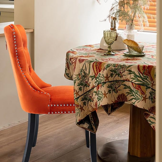 Velvet Upholstered Dining Chairs Set of 2, Modern Style Kitchen Side Chairs with Nailhead Trim and Wood Legs,Metal Pulling Ring for Dining Room Living Room(Orange,Set of 2)