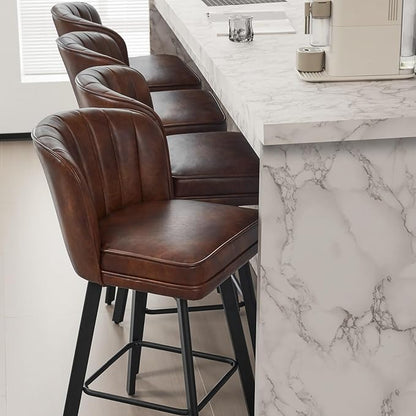 Swivel Counter Height Bar Stools Set of 2, 30'' Modern Barstools with Backs and Metal Legs, Upholstered Bar Chairs, Faux Leather Brown Stools for Kitchen Island Chairs