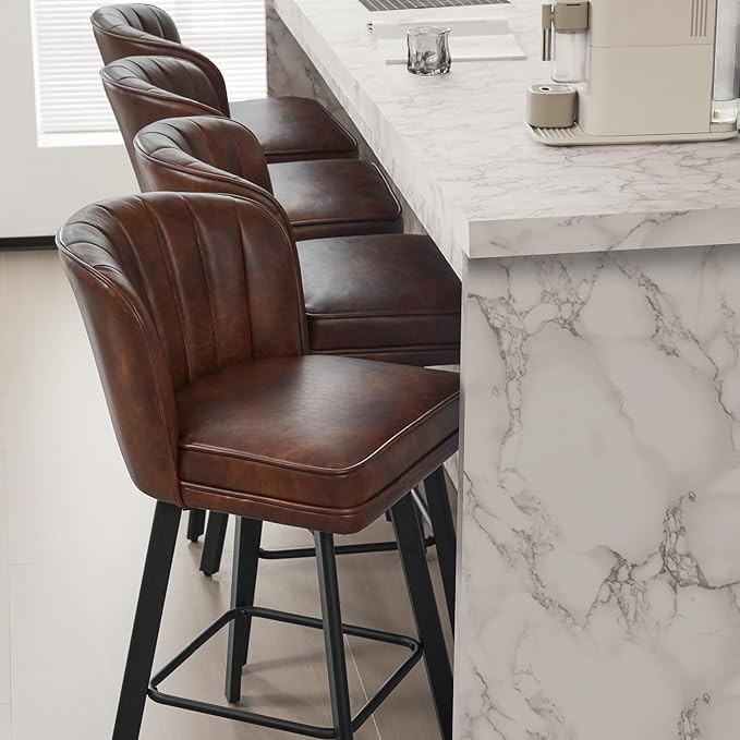 Swivel Counter Height Bar Stools Set of 3, 30'' Modern Barstools with Backs and Metal Legs, Upholstered Bar Chairs, Faux Leather Brown Stools for Kitchen Island Chairs