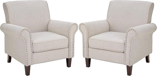 PrimeZone Comfy Accent Chair Set of 2, Mid-Century Modern Fabric Living Room Chair Reading Chair with Soft Cushion, Nailhead Trim & Rolled Armrest, Arm Chair Sofa Chair for Bedroom Waiting Room,Beige