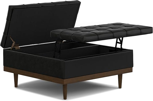 SIMPLIHOME Mariah 36 inch Wide Contemporary Rectangle Lift Top Table Storage Ottoman in Midnight Black PU Black faux leather, Assembled, For the Living Room, Entryway and Family Room