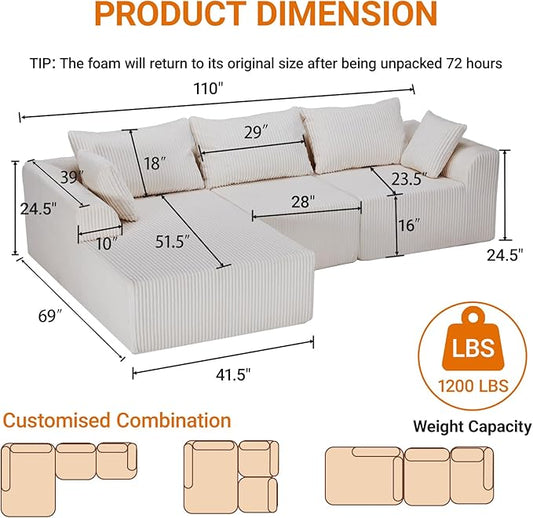 Sidanli 110" Modular Sectional Sofa, Cloud Sectional Couch with L-Shape Chaise, Modern Couch with Deep Seat for Living Room Bedroom, No Assembly Required, Beige (Soft Corduroy Fabric, Left Facing)