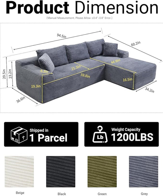 95 Inch Cloud Sectional Couch,Modular Sectional Sofa with Deep Seat,Modern Corduroy Boneless Couches with L-Shape Chaise for Living Room Bedroom,No Assembly Required (Grey, Right Facing Chaise)