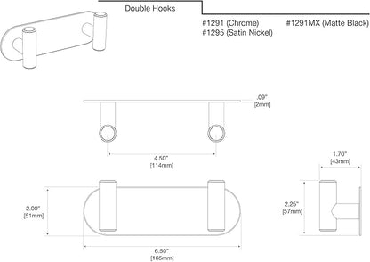 Gatco 1291 Modern Decor Wall Hook. Coat Hat Towel Robe Hook. For Entryway, Living, Kitchen, Bedroom, Bathroom. 2-hook. Chrome on Premium Brass.