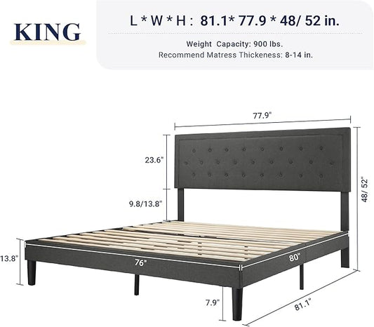 Allewie King Size Fabric Upholstered Bed Frame with Diamond Button Tufted/Adjustable Headboard/Wood Slat Support/Mattress Foundation/Dark Grey