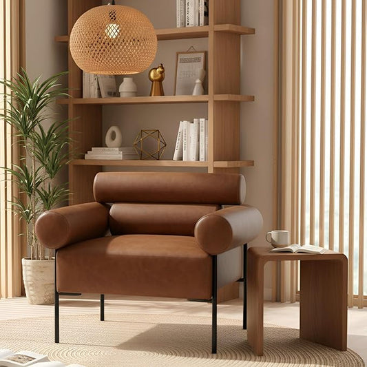 Modern Accent Chair, Single Sofa Accent Chair for Living Room, Upholstered Leather Mid-Century Modern Armchair, Oversized Reading Chair with Channel Tufted for Bedroom, Office, Brown