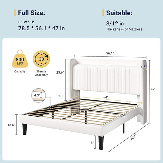 Allewie Full Size Platform Bed Frame with USB Charging Station and Storage Shelf/Upholstered Velvet Wingback Headboard/Wooden Slats Support/No Box Spring Needed/Easy Assembly, White