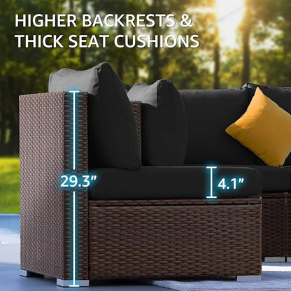 NICESOUL 7 Piece Outdoor Patio Furniture Set with Fire Pit Table Natural Gas/Propane, Tall Wide Deep Sectional Couch Sofa for Outside, 29.3'' High Back Backyard Sitting, Brown Rattan and Black Cushion