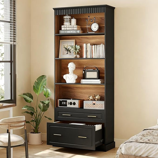 LITTLE TREE 72" Tall Black Bookcase, 5-Tier Office Bookself with File Cabinet Drawers,Modern Floor Standing Storage Filing Cabinet Book Shelf for Living Room,Bedroom