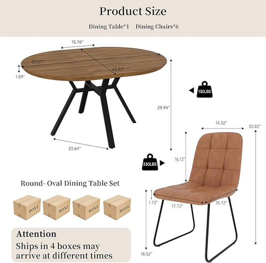 Extendable Round Dining Table Set for 6 People, 43.3"-59.1" Extendable Kitchen Table with 6 Upholstered Chairs, Space Saving for Kitchen Dining Room (Walnut Table+6 U-Shaped Brown Chairs)