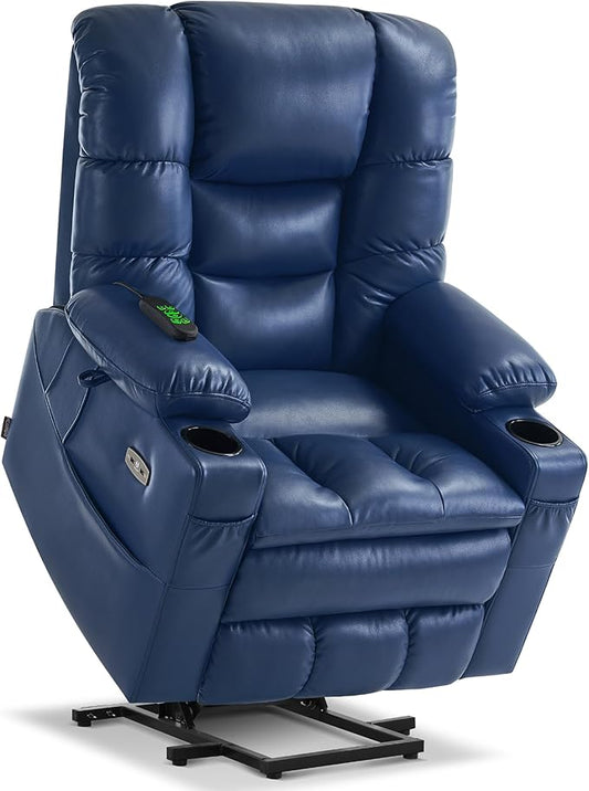 MCombo Triple Motor Power Lift Recliner Chair with Massage and Dual Heating, Adjustable Headrest for Elderly People, Faux Leather 7632 (Blue, Medium)