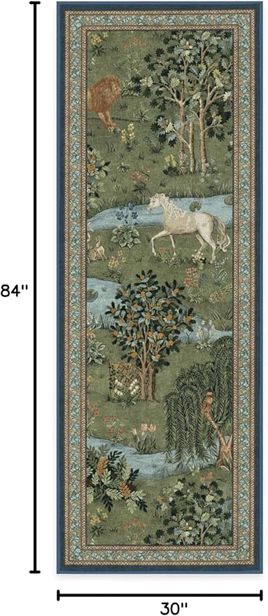 RUGGABLE x Morris & Co Washable Runner Rug – Owl & Willow Green 2.5x7, Stain-Resistant, Non-Slip Hallway Runner – Machine Washable Rug for Hallway, Entryway, Living Room & Kitchen–with Standard Pad