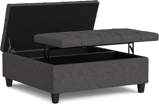 SIMPLIHOME Harrison Large Coffee Table Storage Ottoman - 40 inch Wide Upholstered Linen Look Fabric Square Lift-Top Ottoman in Slate Grey, Transitional Bench for Living Room with Sturdy Base