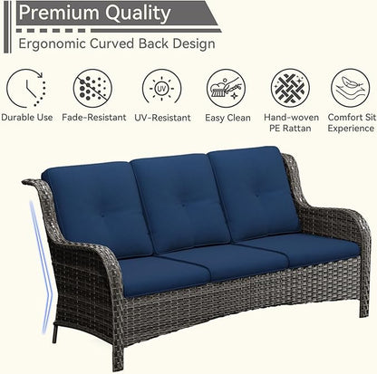 Patio Conversation Set 5-PCS Wicker Outdoor Furniture Conversation Set with 3-Seat Sofa, 2 Armchair, 2 Ottoman Patio Rattan Wicker Sectional Sofa Set with Olefin Cushion, Blue