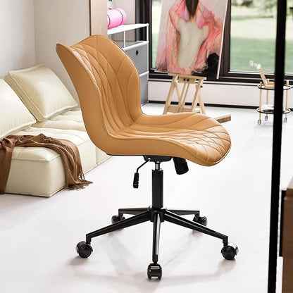 YOUNUOKE Armless Desk Chair Comfy Office Chair with Wheels Home Ergonomic Task Chair Adjustable Computer Chairs Modern Faux Leather Swivel Chair Upholstered Makeup Vanity Chair with Back(Camel)