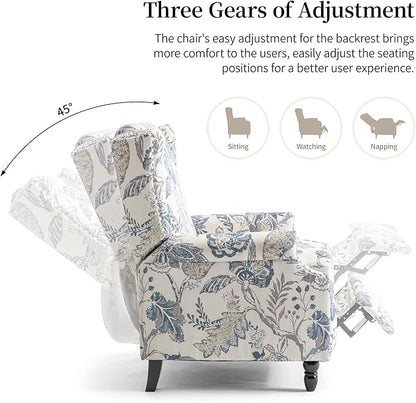 Pushback Recliner Chair, Floral Fabric Wingback Recliner Chair, Upholstered Armchair Push Back Recliner, Rivet Trim Single Sofa Accent Chair with Wood Legs for Living Room, Plants Blue