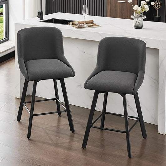 Swivel Counter Height Bar Stools Set of 2, 26''H Upholstered Barstools with Backs, Modern Bar Stool Chairs for Kitchen Island, Metal Legs, Fabric, Black Grey Stools Counter Chair