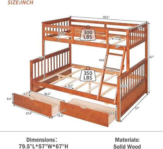 Merax Wood Bunk Bed with Drawers,Convertible Wood Bunk Bed with Ladders and Two Storage Drawers,Solid Wood Detachable Bed Frame with Ladders,Twin Over Full Size,Walnut